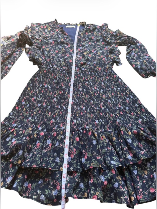 Lush Floral Smocked Mini Dress Medium Navy Blue Ruffle Long Sleeve Cottagecore - Picture 4 of 8